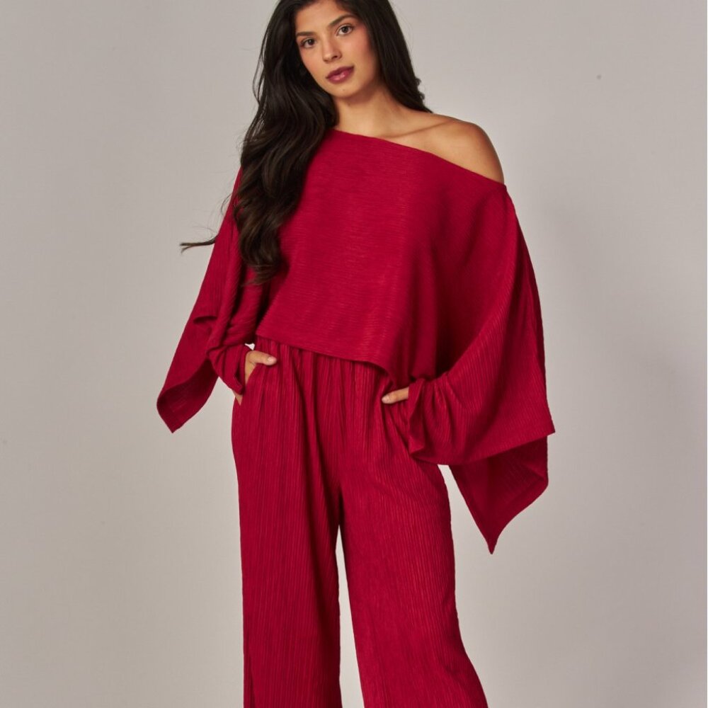 Off-Shoulder Wide Leg Pantsuit in Berry Red